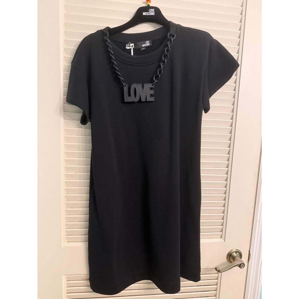 Love Moschino LOVE Black Chain Necklace Dress Tunic Top Side Pockets Size 4